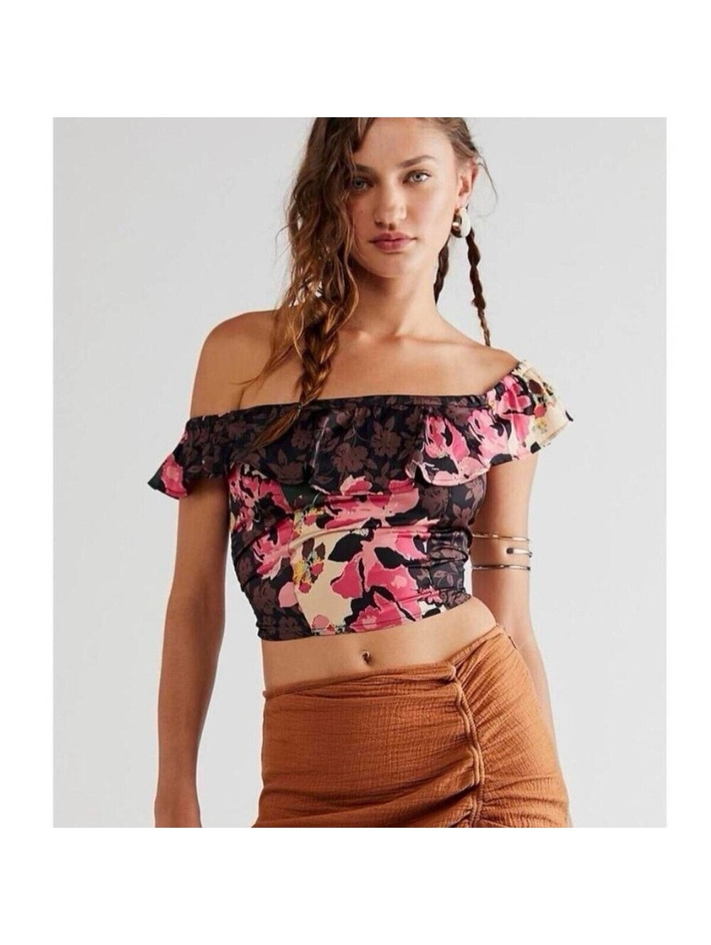 Free People Pink Floral Smocked Ruffle Mimi Off The Shoulder Tank Top Medium M
